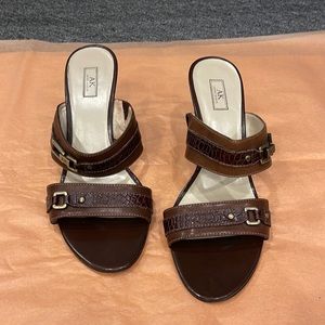 Anne Klein Brown High-Heeled Sandals | Slip-On Leather Kitty Heel